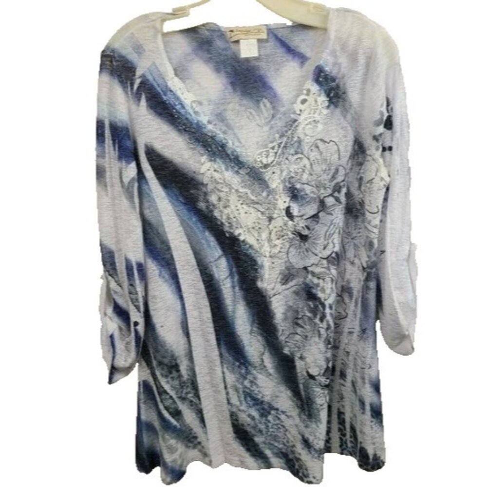 𝅺Impulse Womens Wearable Art Tunic Top Medium Blue White Lace 3/4 Sleeve